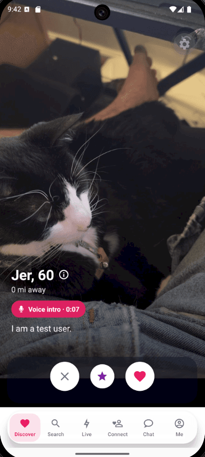 Matcheze Discover swipe deck with voice intro and like actions