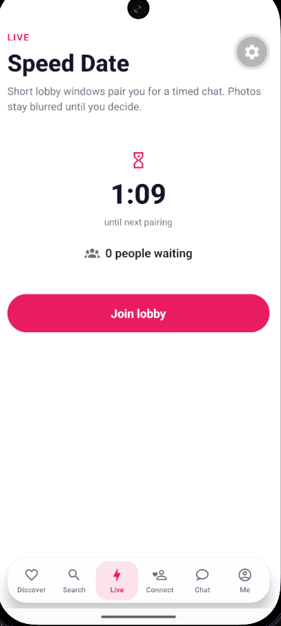 Matcheze Live Speed Date lobby with pairing countdown