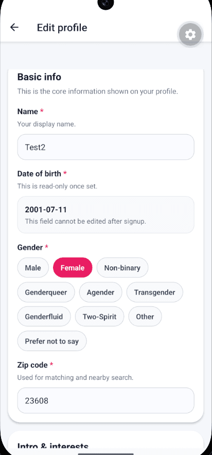 Matcheze edit profile with inclusive gender options