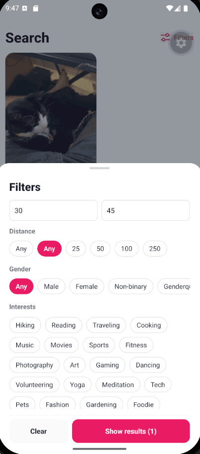 Matcheze Search filters for age, distance, gender, and interests