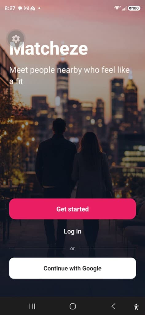 Matcheze welcome screen with Get started and Google sign-in
